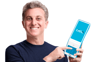 Luciano Huck com a maquininha super rápida, que tem conexões 3G e Wi-fi