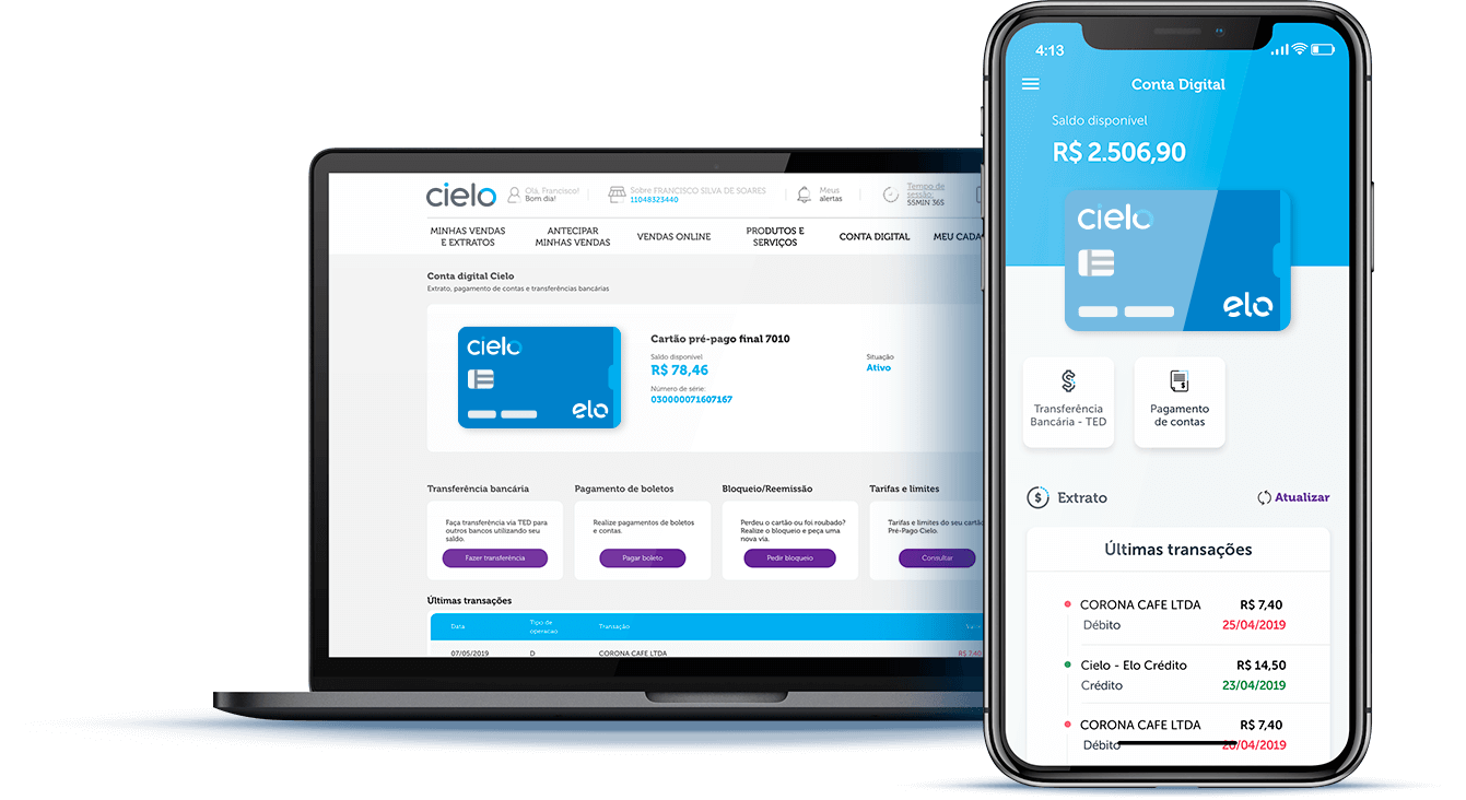 Gerenciador da Conta Digital Cielo no computador e no celular