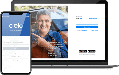 Telas de login da Cielo no smartphone e laptop