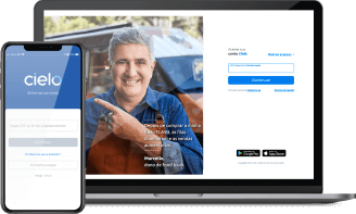 Telas de login da Cielo no smartphone e laptop