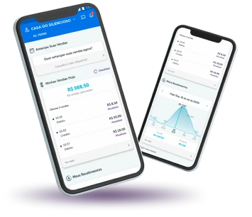 Dois celulares demostram o App Cielo Gestão, um com as vendas realizadas no dia e outro com gráfico de recebimentos.