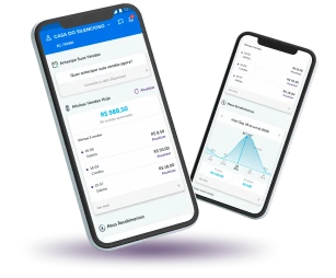 Dois celulares demostram o App Cielo Gestão, um com as vendas realizadas no dia e outro com gráfico de recebimentos.