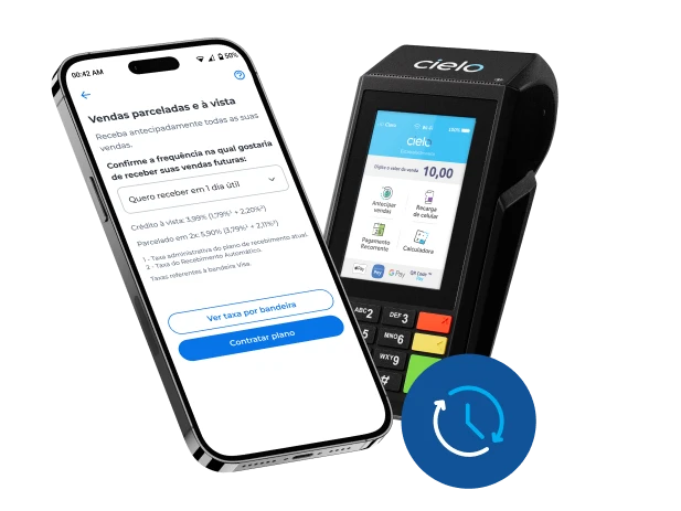 Maquininha de cartão sem aluguel Cielo Flash ao lado de celular com tela do Recebimento Automático em 2 dias.​