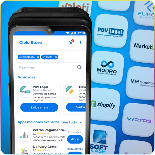 Tela da Cielo Smart mostrando aplicativos de gestão e recursos integrados para a maquininha smart.
