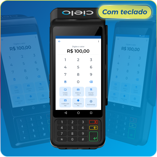 Maquininha Cielo Smart com teclado em uso no ponto de venda com tela sensível ao toque e navegação intuitiva.