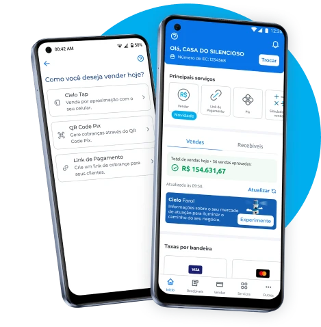Dois celulares demostram o App Cielo Gestão, um está na tela inicial do App com o total de vendas e outro na tela de taxas e planos.