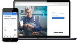 Smartphone e notebook exibindo informações de um negócio específico, como: Vendas hoje em R$; Últimas vendas; Vendas dos últimos 5 dias; Opção para antecipar vendas; Outras funções.