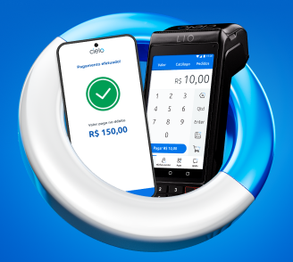Maquininha de cartão ao lado de celular com Cielo Tap.