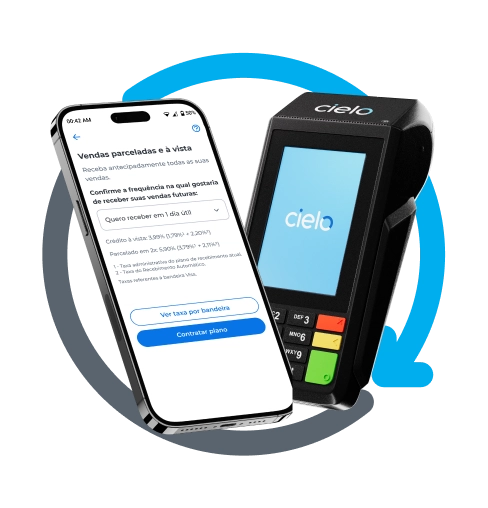 Maquininha ao lado de celular realizando solicitação do recebimento automático.
