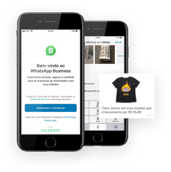 'Entregas feita pela Loggi', vendedor fornecendo preço de produto e Smartphone exibindo 'Bem-vindo ao WhatsApp Business'