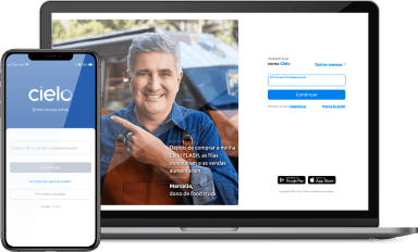 Notebook mostrando a tela de login da plataforma web da Cielo e Smartphone exibindo formulário de login para o aplicativo da Cielo