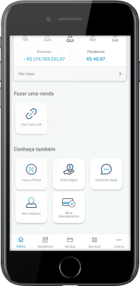 Smartphone mostrando o aplicativo da Cielo, nela há a opção 'Cielo Super Link' na categoria 'Fazer uma venda'