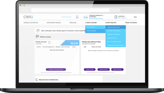 Notebook mostrando a plataforma web da Cielo com a opção 'Pagamento por link' selecionada no menu