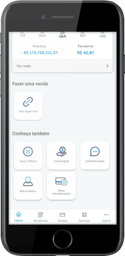 Smartphone mostrando o aplicativo da Cielo, nela há a opção 'Cielo Super Link' na categoria 'Fazer uma venda'