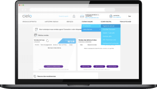 Notebook mostrando a plataforma web da Cielo com a opção 'Pagamento por link' selecionada no menu
